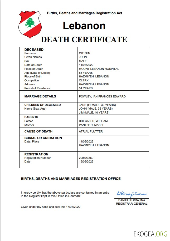 Modèle Word et PDF d'acte de décès au Liban